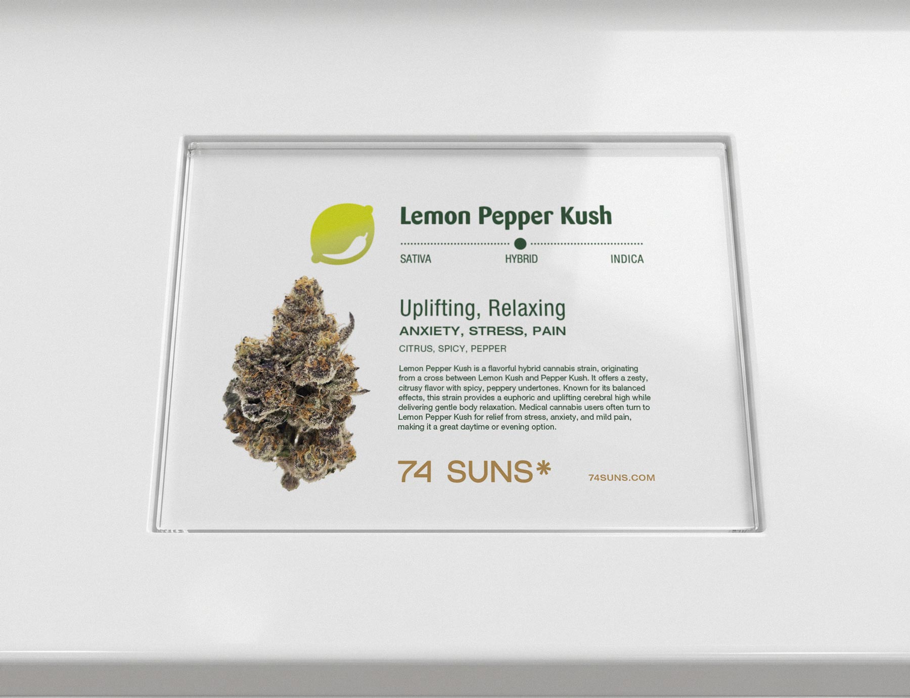 74 SUNS Branding Design Strain Display Card Lemon Pepper Kush
