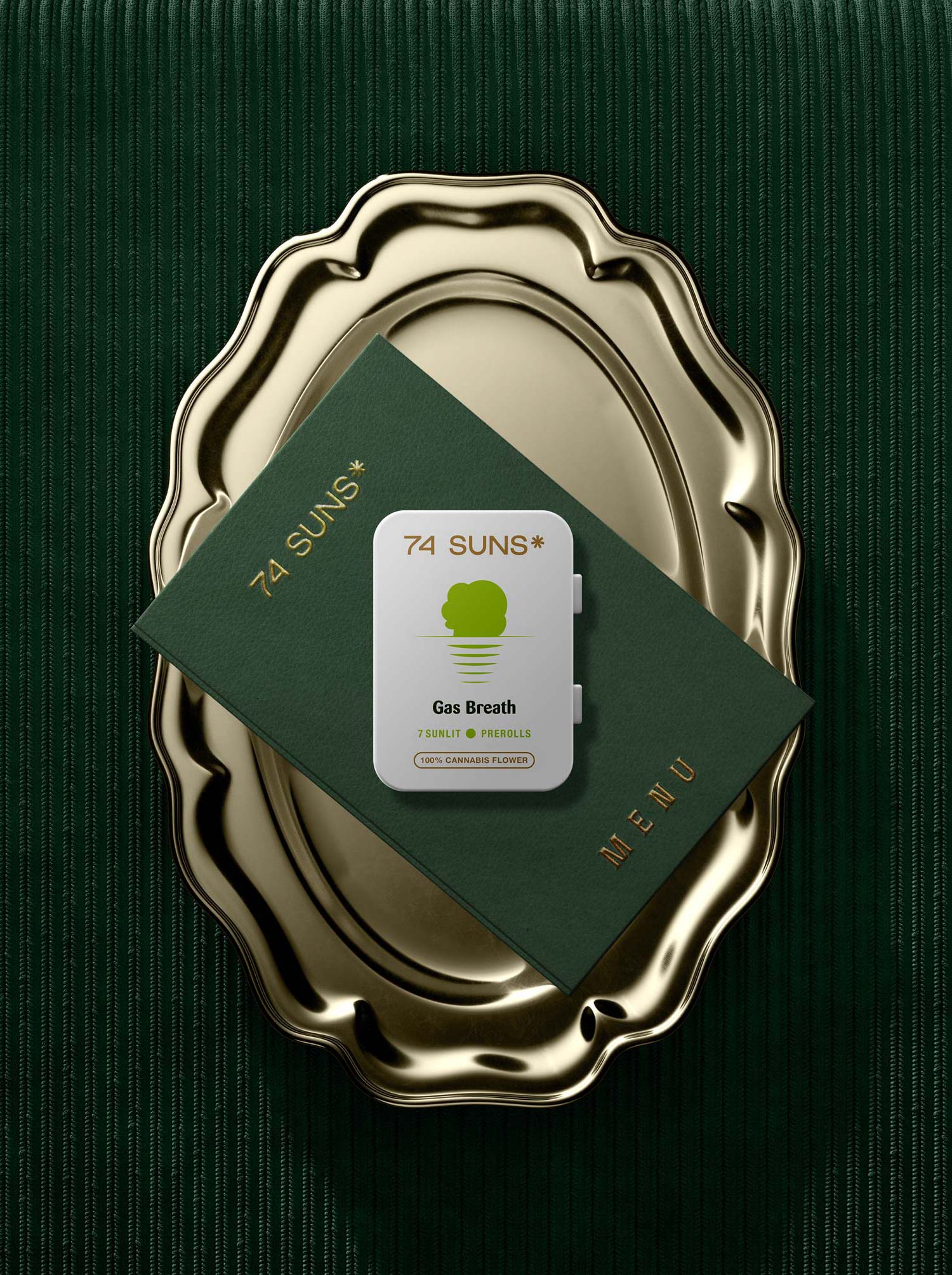 74 SUNS Lifestyle Photography Gold Tray Cannabis Package Design